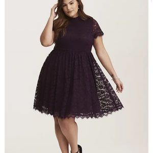 DEEP PURPLE HIGH NECK LACE SKATER DRESS torrid